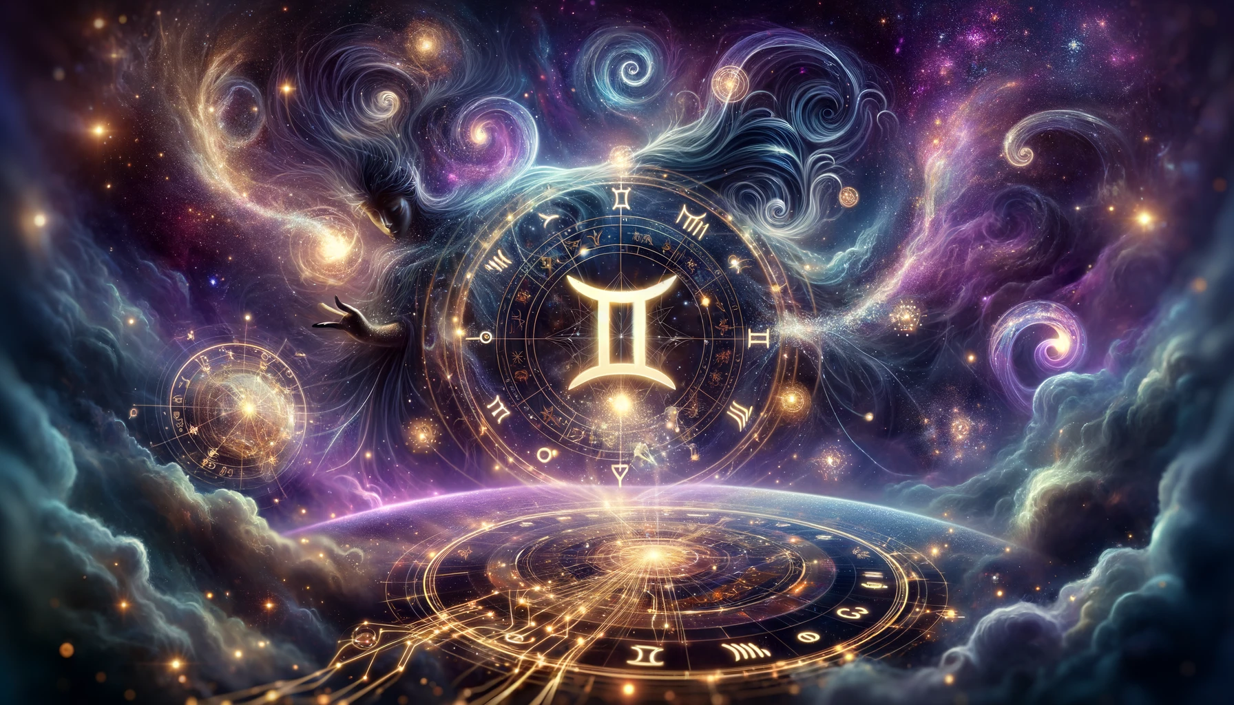 A cosmic and mystical digital artwork featuring Gemini as the central zodiac sign, illuminated by glowing constellations, swirling galaxies, and a futuristic holographic astrological chart. The Gemini symbol is prominently displayed, representing duality, intellect, and communication. The background blends deep purples, blues, and cosmic gold, enhancing the celestial and astrological theme. This Gemini-themed horoscope image reflects the sign's adaptability, curiosity, and energetic spirit, aligning with its astrological influences.